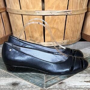 Life Stride Paris Faux Black Leather Demi Wedge Slip-On Loafers Womens 8.5 WIDE